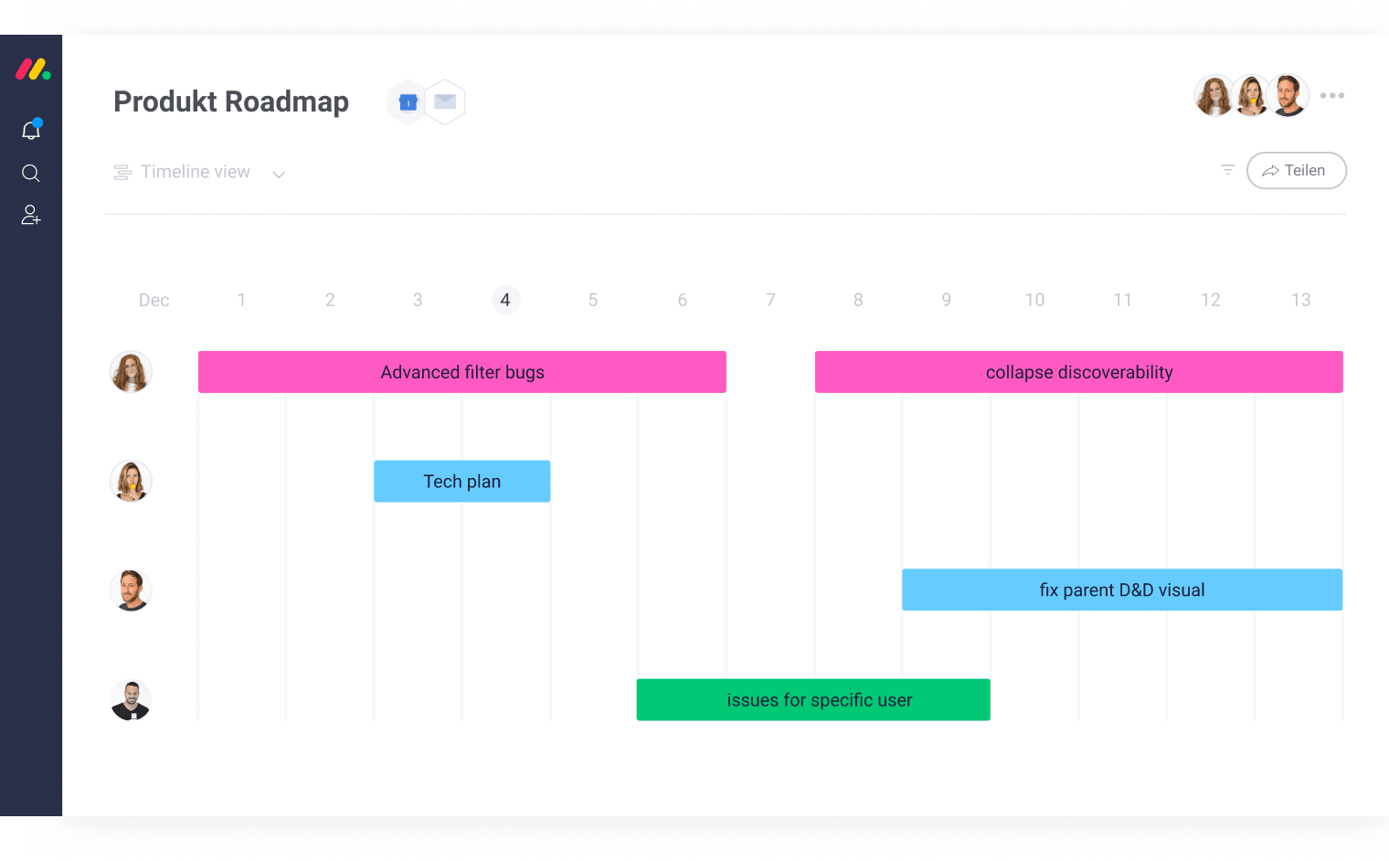 Produkt-Roadmap auf einer Zeitleistenansicht
